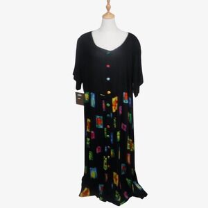 We Be Bop Womens 3X Maxi Dress Black Multicolor Abstract Rayon Button Pocket